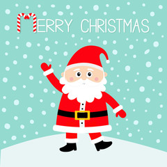 Merry Christmas. Santa Claus on snowdrift. Happy New Year. White moustaches, beard. Red hat. Cute cartoon funny kawaii baby character. Greeting card. Flat design. Blue snow background.