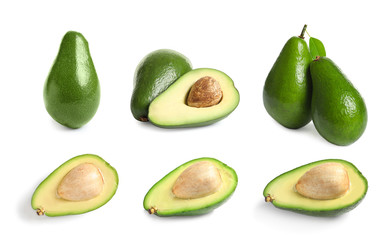 Set with avocados on white background. Natural protein food