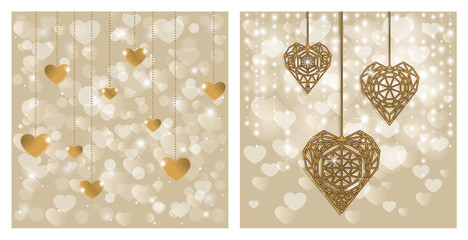 Two backgrounds for a holiday card in gold. Shiny background with hearts, gold pendants and garlands. Valentine's Day.