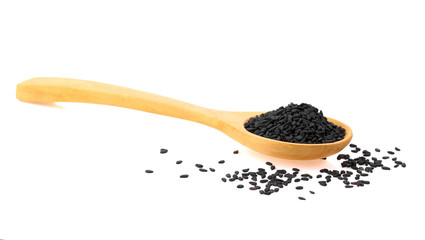 Black Sesame Seeds in wooden spoon isolated on white background