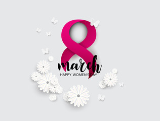 8 March. Happy Mother's Day. Paper cut Butterfly with flower holiday background - Vector