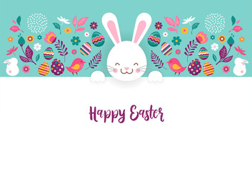 Happy Easter, vector banner with flowers, eggs and bunnies