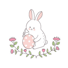 Cartoon Easter day rabbit and colorful egg vector.
