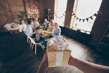 First person point view of nice adorable lovely family sitting a