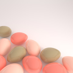 Pastel pink and green glossy easter eggs on white background. 3d render, digitally generated template. Happy Easter big hunt or sale banner