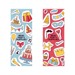 Birthday party pattern vector anniversary cartoon kids happy birth cake or cupcake celebration with gifts and birthday candles flags sticker backdrop set illustration background