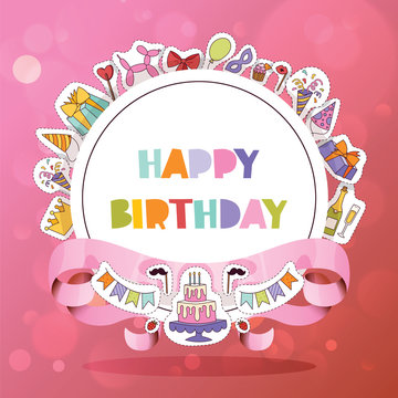 Birthday party pattern vector anniversary cartoon kids happy birth cake or cupcake celebration with gifts and birthday candles flags sticker backdrop girlie illustration background