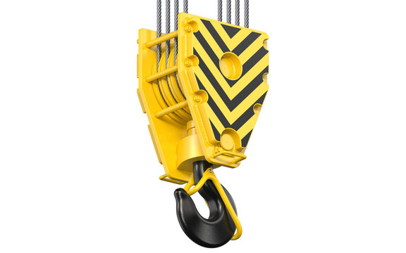 Big black and yellow construction towe crane hook block hanging on steel ropes. 3d render of overhead hookblock isolated on white background.