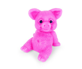 Soap in the shape of a pig, the year of a pig, pink toy pig on a white background