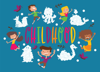 Kids cloud animals pattern vector children characters boy girl with cartoon animalistic cloudy fluffy shapes backdrop and blue clouded sky heaven wallpaper illustration cloudscape background