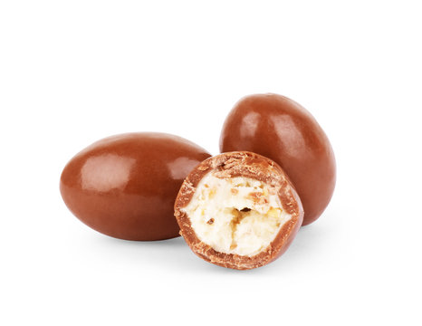 chocolates with egg shaped filling on a white background