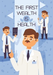 Doctor vector doctoral character professional medical worker physician with medicine-chest in clinic illustration backdrop hospital ad banner background