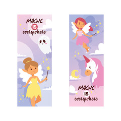 Fairy girl vector magic faery character and fantasy beautiful princess cartoon unicorn of fairy-tale in fairyland backdrop illustration fairyism set of girlie faerie pixy with magic wings background