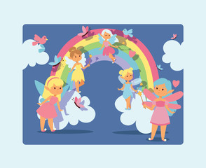 Fairy girl vector magic faery character and fantasy beautiful princess cartoon unicorn of fairy-tale in rainbow fairyland backdrop illustration of girlie faerie pixy with magic wings background