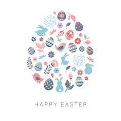 Obraz premium Happy Easter, vector banner with flowers, eggs and bunnies
