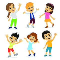 Happy school multiracial children joyfully jumping and laughing isolated on white background