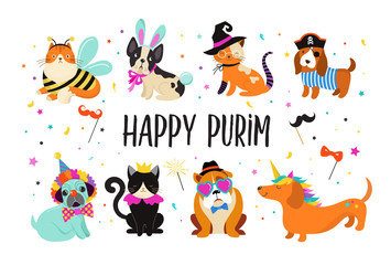 Funny animals, pets. Cute dogs and cats with a colorful carnival costumes, vector illustration, Happy Purim banner