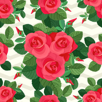 Blooming seamless pattern with roses. Abstract red flowers, leaves and chevron backdrop.