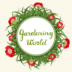 Gardening world round label with green grass and red poppies.