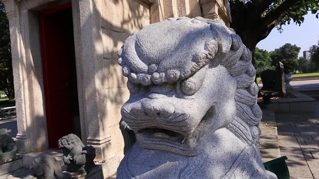 Pull out shot of Chinese guardian lion stone statue