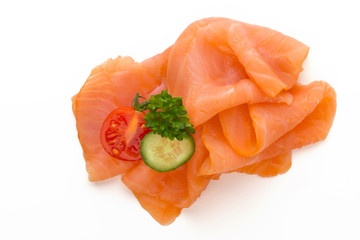 Fresh salmon slice and spice on the white background.