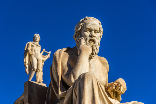 Statue of the Greek philosophers Socrates & Plato in front of the Academy pf Athens, Greece