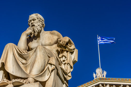 Statue of the Greek philosophers Socrates & Plato in front of the Academy pf Athens, Greece
