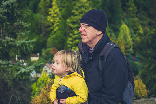 Toddler and grandfather in garden with model houses