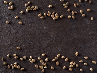 Hemp seeds top view. Unpeeled raw organic hemp seed on black background. Copy space.