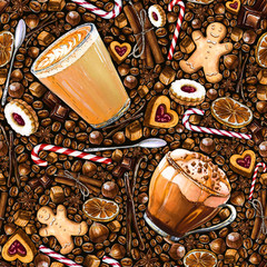 Seamless pattern with different coffee drinks and sweets on dark background. Illustration of  flat white, mocha coffee, cookies and candy. Hand-drawn by markers, watercolor.