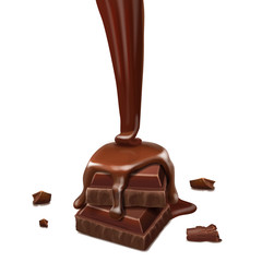 Pieces of chocolate and pouring melted chocolate sauce.