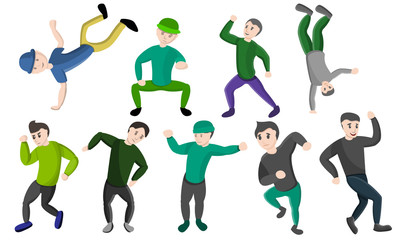 Hiphop dance icons set. Cartoon set of hiphop dance vector icons for web design