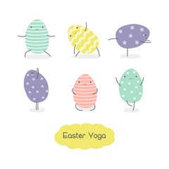 Set of Easter eggs in kawaii style . Easter yoga. Stripes, waves, dots, hearts, stars. Perfect for holiday greetings. Vector illustration.