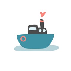 Cute vector print with ship for baby boy. Cartoon hand drawn illustration with color boat.