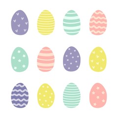 Set of Easter eggs in Pink, Green, Blue, and Yellow. Stripes, waves, dots, hearts, stars. Perfect for holiday greetings. Vector illustration.
