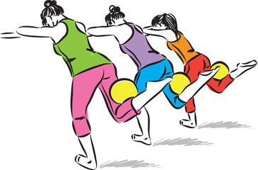 three women with yoga fitness ball vector illustration