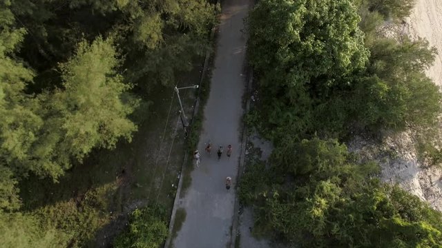 Aerial view of a group pedaling bicycles, Gili Trawangan, Indonesia.