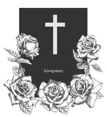 Funeral ornament concept with hand drawn roses and cross in black color isolated on white Vintage engraved style Modern template background design for invitation, card, obituary - obrazy, fototapety, plakaty