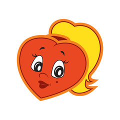 Vector illustration of the character heart girl with cheek birthmark. Fiery flame of love in the children's picture of the animation character. 