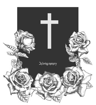 Funeral Ornament Concept With Hand Drawn Roses And Cross In Black Color Isolated On White Vintage Engraved Style Modern Template Background Design For Invitation, Card, Obituary