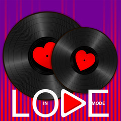 Two Realistic Black Vinyl Records with red heart labels, lettering In love mode and play button on purple sound wave equalizer background. Retro concept of music and romance - 243326971