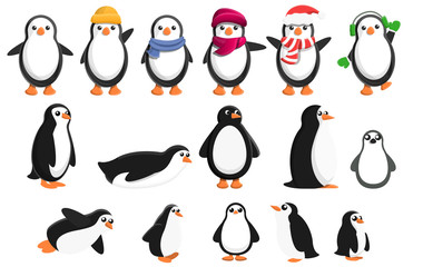 Penguin icons set. Cartoon set of penguin vector icons for web design