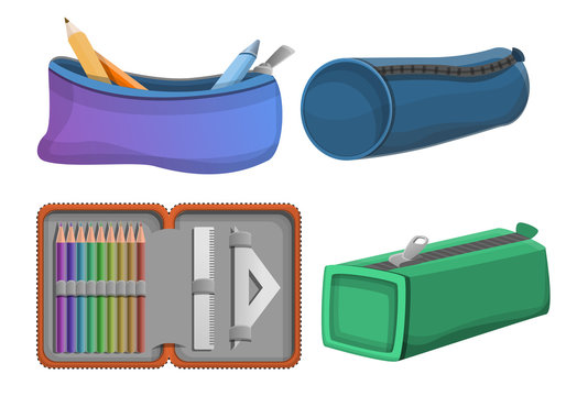 Pencil case icons set. Cartoon set of pencil case vector icons for web design