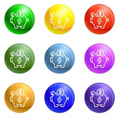 Economy save piggy bank icons vector 9 color set isolated on white background for any web design 