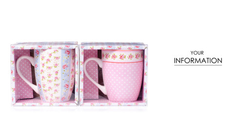 Cups mug vintage pink blue flower print pattern on white background isolation 