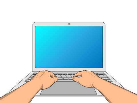 Hands working on laptop with blank screen isolated on white background.  Vector illustration Stock Vector | Adobe Stock