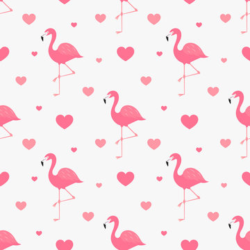 Pink flamingo and hearts seamless pattern