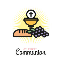 First communion symbols for a nice invitation design. Church and Christian Community Flat Outline Icons.