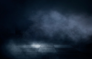 Empty dark room, cold dark background, smoke, smog, the light from the window falls to the floor. Dark blue gloomy background.   3D rendering