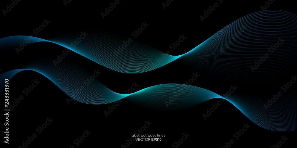 Poster Abstract vector wave line flowing green and blue color isolated on black background for design elements in concept technology, music, science, A.I.